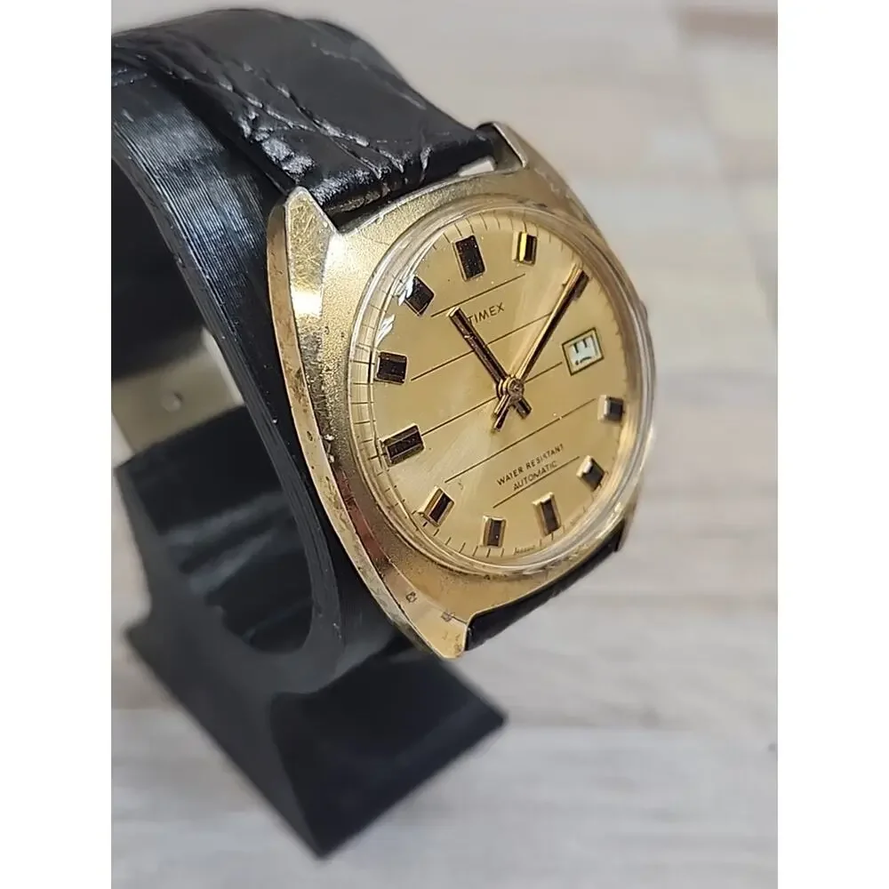 Vintage 1972 Men's Timex Automatic Watch Crosshair Dial W/Leather Strap-Working - Picture 2 of 9